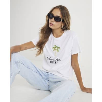 White Ibiza Beaded Palm T-Shirt