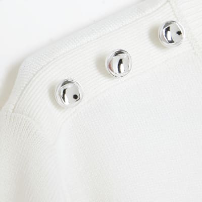 White Knitted Button Detail T-shirt