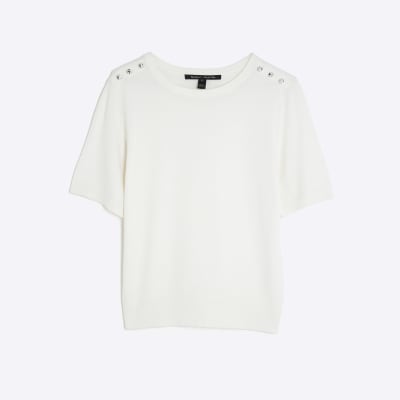 White Knitted Button Detail T-shirt
