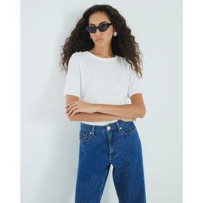 White Knitted Button Detail T-shirt