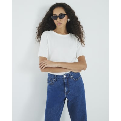 White Knitted Button Detail T-shirt