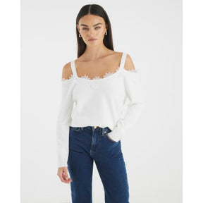 White Knitted Lace Trim Cut Out Shoulder Top