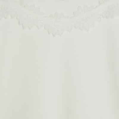 White Knitted Lace Trim Cut Out Shoulder Top