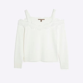 White Knitted Lace Trim Cut Out Shoulder Top