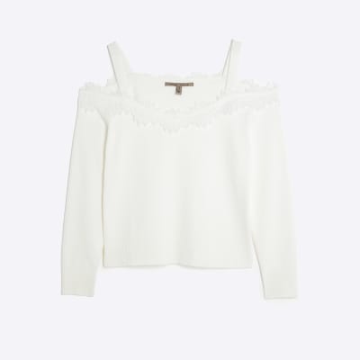 White Knitted Lace Trim Cut Out Shoulder Top