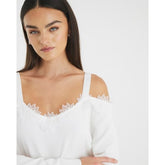 White Knitted Lace Trim Cut Out Shoulder Top