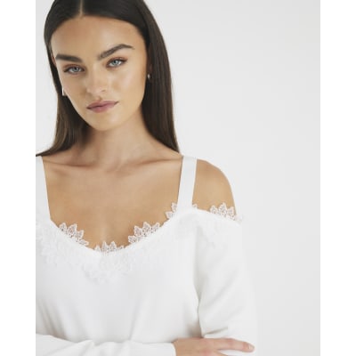 White Knitted Lace Trim Cut Out Shoulder Top