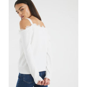 White Knitted Lace Trim Cut Out Shoulder Top