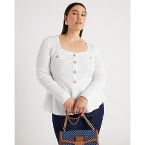 White Knitted Long Sleeve Peplum Top