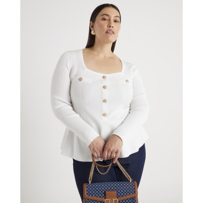 White Knitted Long Sleeve Peplum Top