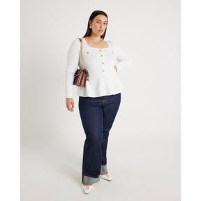 White Knitted Long Sleeve Peplum Top