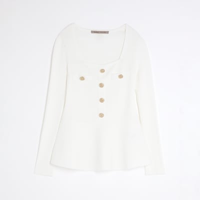White Knitted Long Sleeve Peplum Top