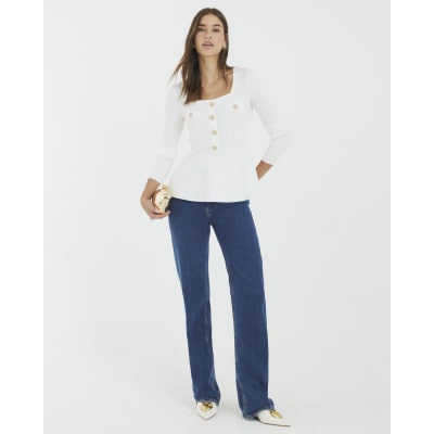 White Knitted Long Sleeve Peplum Top