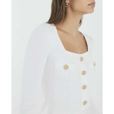 White Knitted Long Sleeve Peplum Top