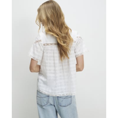 White Lace Detail Short Sleeve Blouse