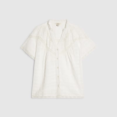 White Lace Detail Short Sleeve Blouse