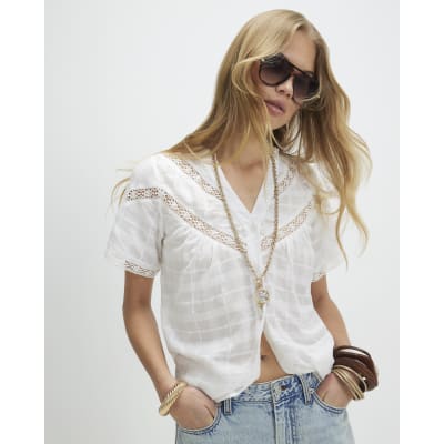 White Lace Detail Short Sleeve Blouse