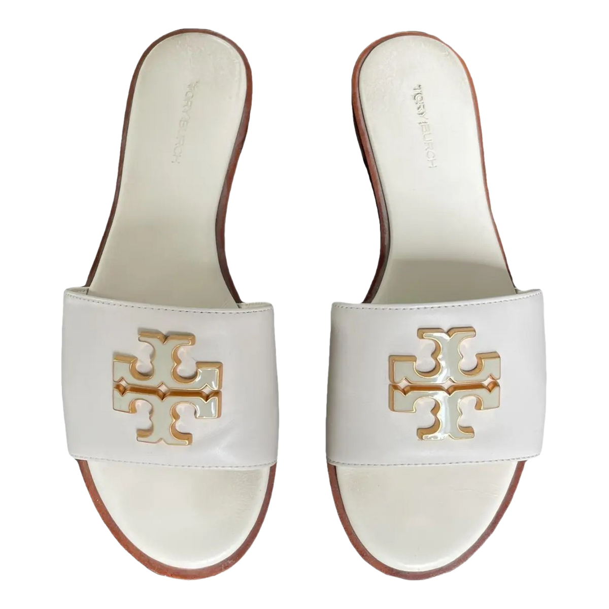 Tory Burch Leather Mule Sandals – White with Cream Border