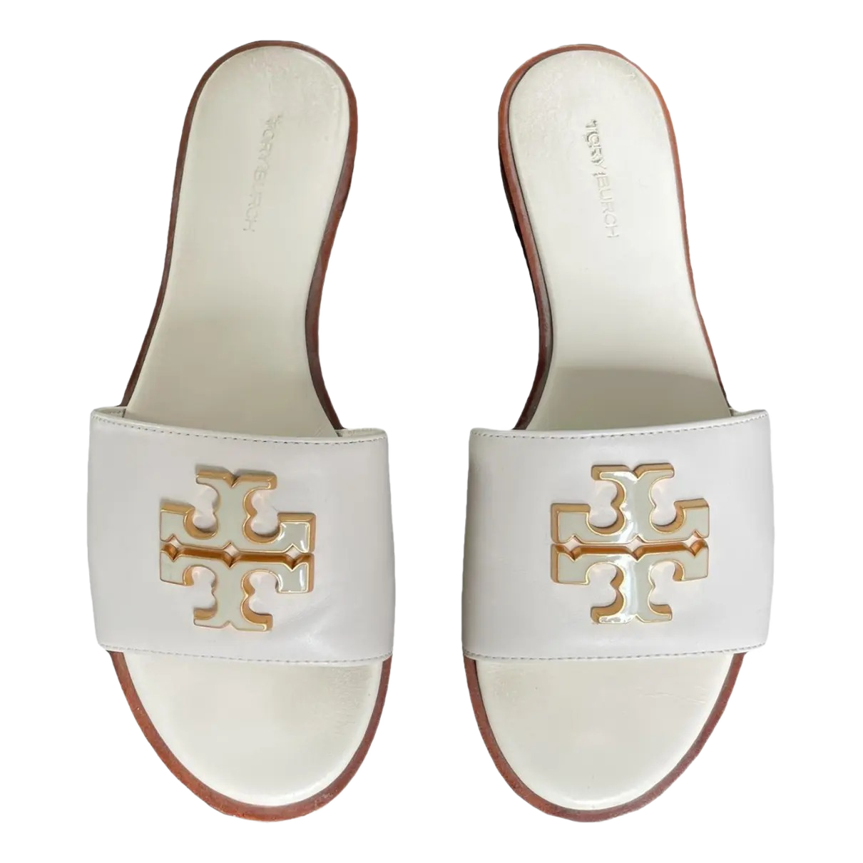 Tory Burch Leather Mule Sandals – White with Cream Border