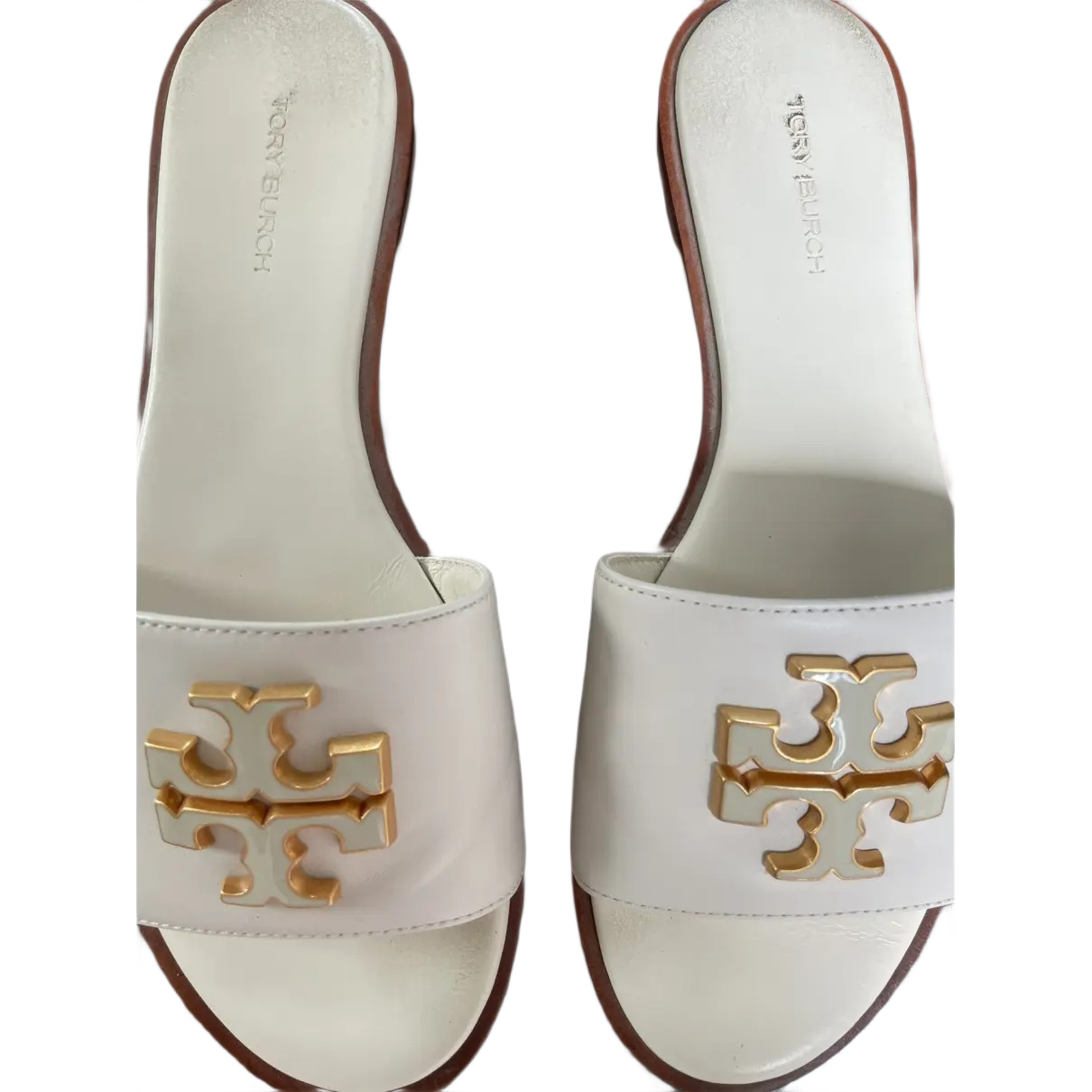 Tory Burch Leather Mule Sandals – White with Cream Border