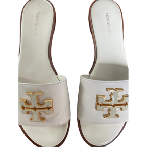 Tory Burch Leather Mule Sandals – White with Cream Border