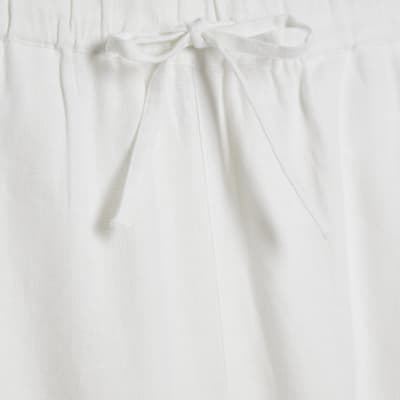 White Linen Blend Drawstring Tapered Trousers