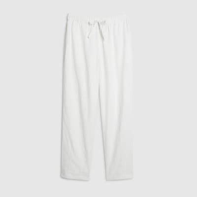 White Linen Blend Drawstring Tapered Trousers