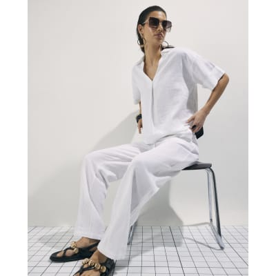 White Linen Blend Drawstring Tapered Trousers