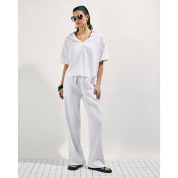 White Linen Blend Drawstring Tapered Trousers