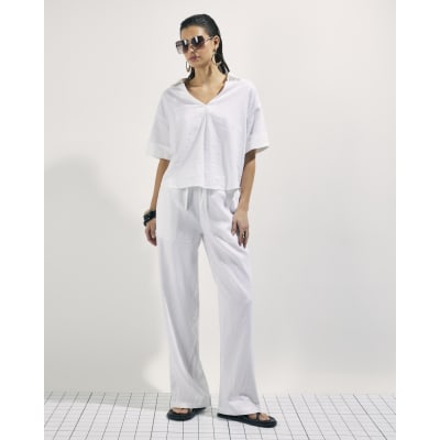 White Linen Blend Drawstring Tapered Trousers