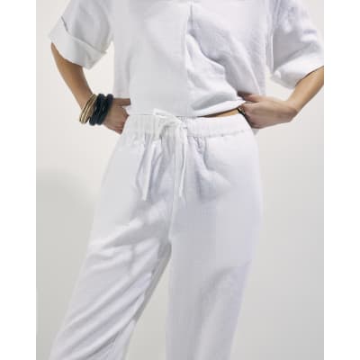 White Linen Blend Drawstring Tapered Trousers