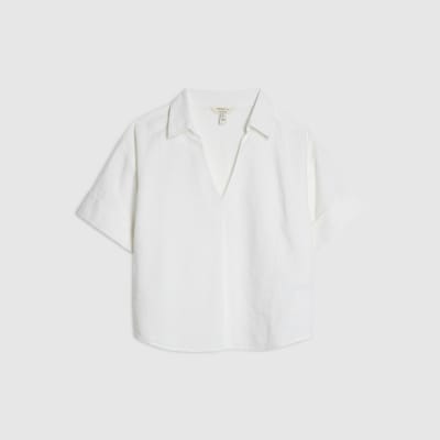 White Linen Blend Short Sleeve Shirt