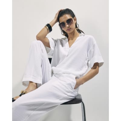 White Linen Blend Short Sleeve Shirt