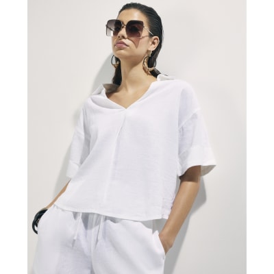 White Linen Blend Short Sleeve Shirt