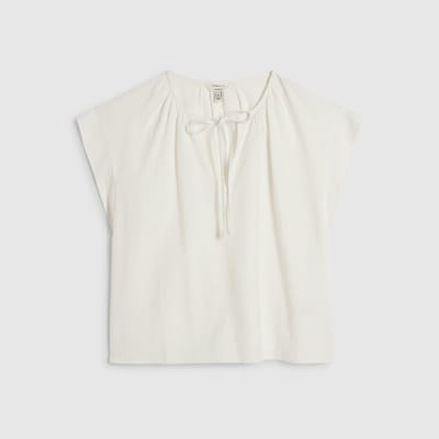 White Linen Blend Tie Neck Top
