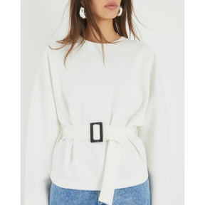White Long Sleeve Belted Sweatshirt