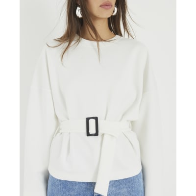 White Long Sleeve Belted Sweatshirt