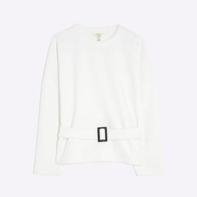 White Long Sleeve Belted Sweatshirt