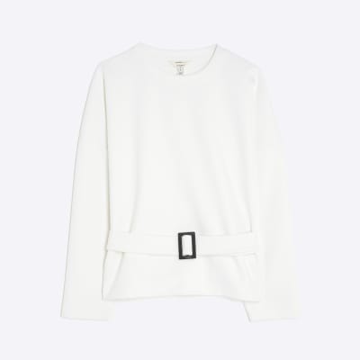 White Long Sleeve Belted Sweatshirt