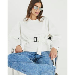 White Long Sleeve Belted Sweatshirt
