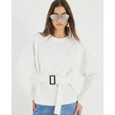 White Long Sleeve Belted Sweatshirt