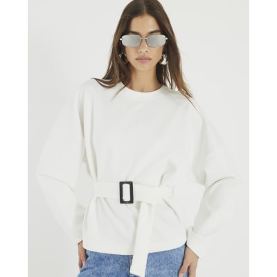 White Long Sleeve Belted Sweatshirt
