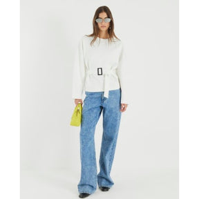 White Long Sleeve Belted Sweatshirt