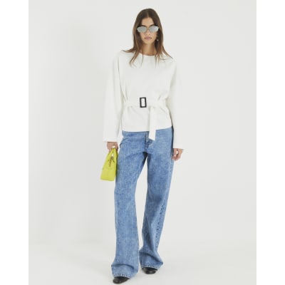 White Long Sleeve Belted Sweatshirt