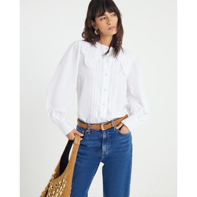 White Long Sleeve Collared Blouse