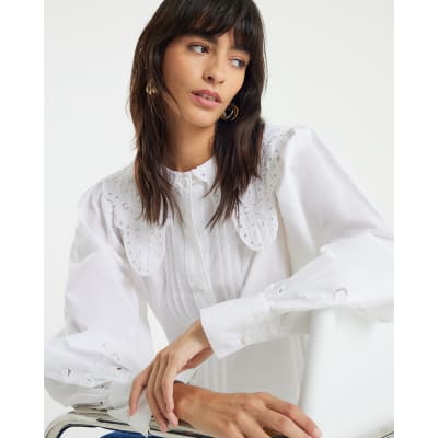 White Long Sleeve Collared Blouse