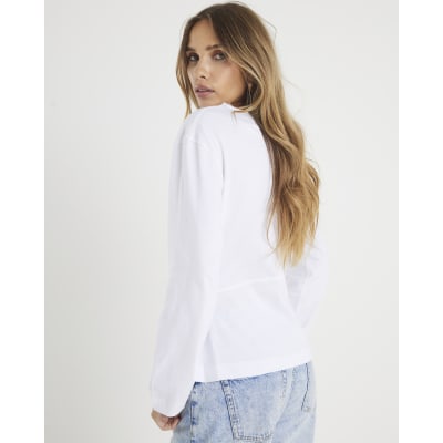 White Long Sleeve Drape Side Top