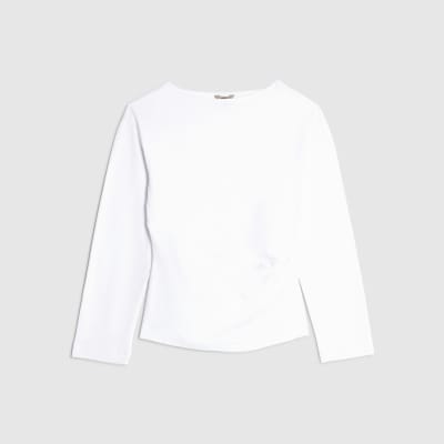 White Long Sleeve Drape Side Top