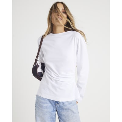 White Long Sleeve Drape Side Top