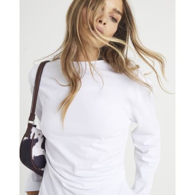 White Long Sleeve Drape Side Top